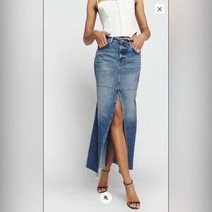 Reformation Tazz Maxi Denim Skirt - Hemlock Sz 29 Front High Slit Casual Chic